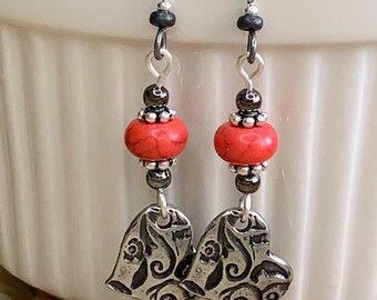 Silver Heart Boho Earrings, Red Dangle Gemstone Earrings, Silver and Red Jewelry