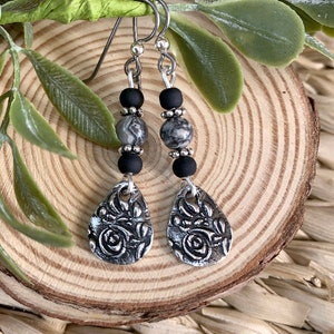 Gray Stone Dangle Earrings, Black and Silver Earrings, Bohemian Beaded Jewelry,  Black and Silver Jewelry