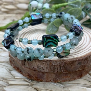 Bohemian Beaded Wrap Bracelet, Abalone Shell Jewelry, Green Aqua Boho Bracelet, Earthy Hippie Jewelry