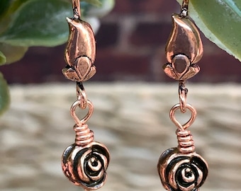 Rose Dangle Earrings, Copper Flower Earrings, Boho Drop Earrings, Antique Copper Flower Jewelry