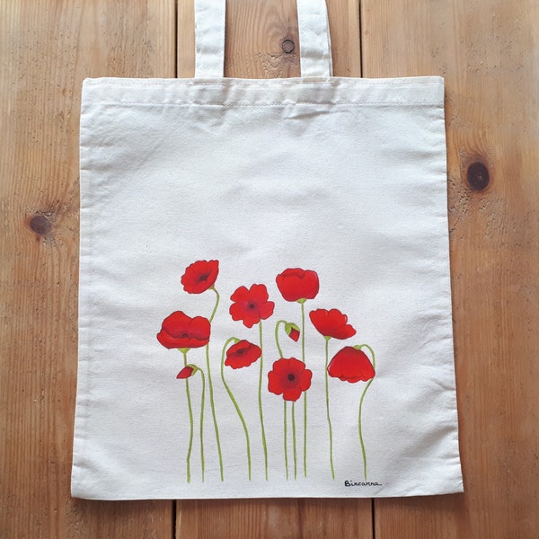 Totebag Amapolas. Bolsa de tela pintada a mano. Hand-painted Totebag. Bolsa ecológica. Ecobag.