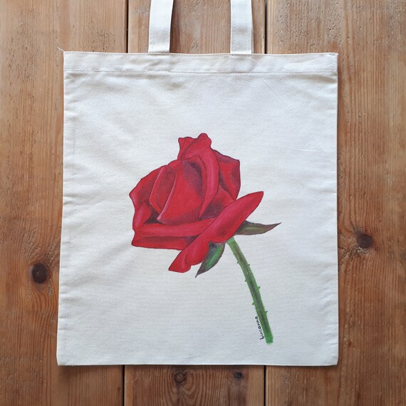 Totebag Rosa roja. Bolsa de tela pintada a mano. Hand painted