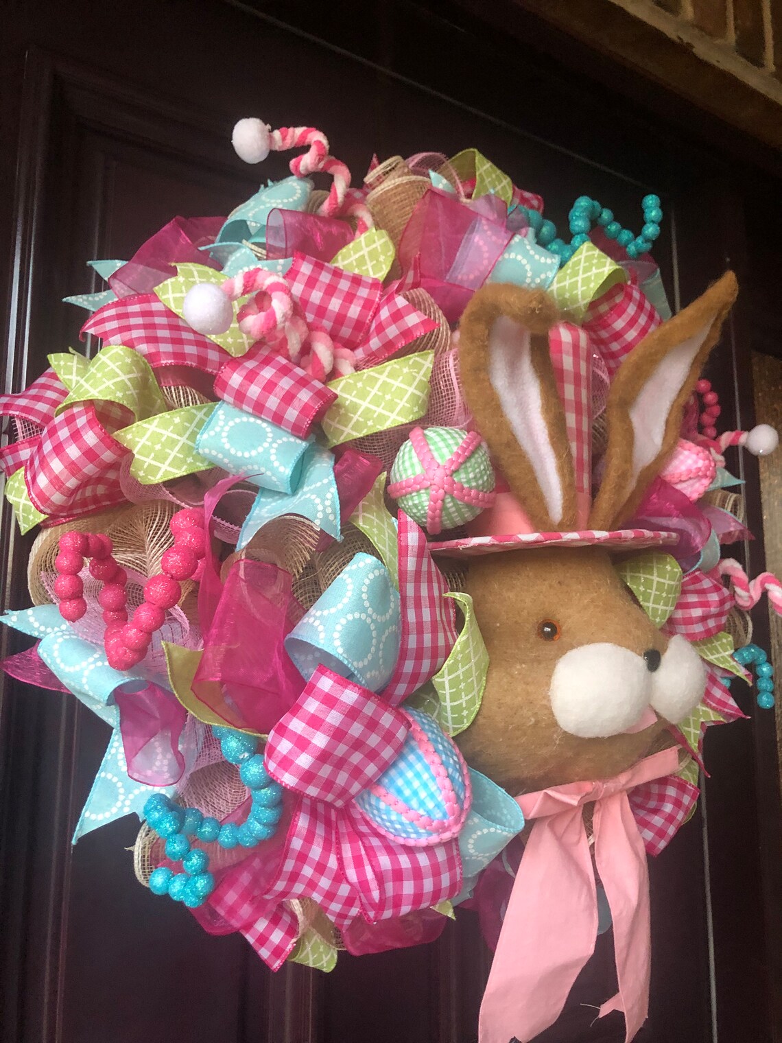 Pink Top Hat Easter Bunny Wreath, Deco Mesh for Front Door or Home