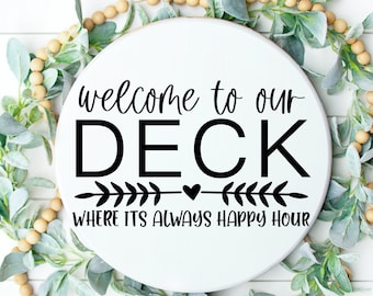 Welcome To Our deck Svg - Deck Sign Svg, Outdoor Pillow Svg, Patio Svg, Summer Svg, Farmhouse Svg, Round Wood Sign Svg, Door Hanger Svg