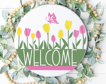 Tulip svg | Butterfly svg | Spring welcome svg | Round door hanger svg | Spring Svg | Hello Spring Porch Decor | Spring Sign Svg