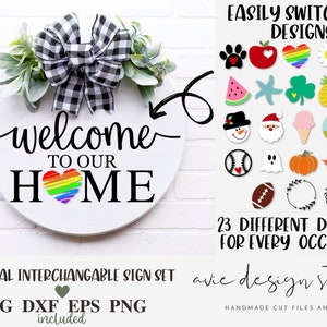 bienvenue dans notre maison svg, graphiques interchangeables svg, paquet svg de bienvenue, signe de ferme svg, signe de porche svg, fichiers svg pour cricut