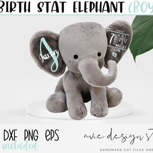 May include: Grey plush elephant toy with a light blue ear tag that says "Jaxon" and another light blue ear tag with the text "7 pounds 13 ounces 20 inches 2:00 PM".