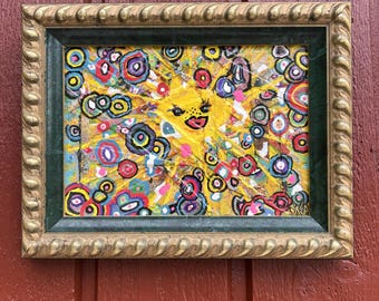 CIAO SOLE Opera d'arte originale astratta a tecnica mista, dipinto colorato incorniciato a tema sole, gioiosa decorazione murale