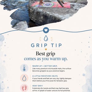 May include: A rectangular yoga mat featuring a colorful circular pattern in shades of pink, orange, and blue. The mat is displayed on a rocky surface near a flowing stream. The text includes Grip Tip, Best grip comes as you warm up, and Mika Vibe Studio.