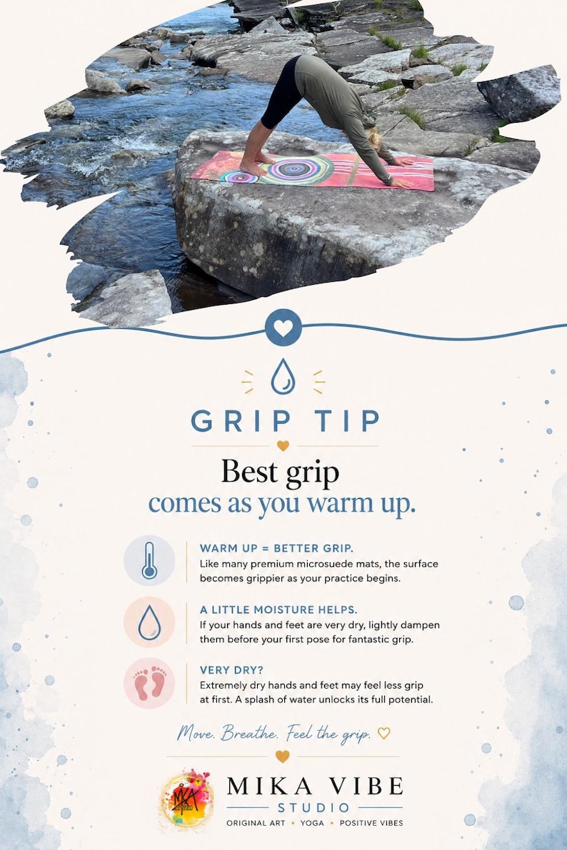 May include: A rectangular yoga mat featuring a colorful circular pattern in shades of pink, orange, and blue. The mat is displayed on a rocky surface near a flowing stream. The text includes Grip Tip, Best grip comes as you warm up, and Mika Vibe Studio.