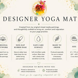 May include: A Designer Yoga Mat information graphic featuring a watercolor-style border. Text includes: Designer Yoga Mat, Original Artwork, Non-Slip Rubber Base, Easy-Care Surface, Made to Order, and Size 24 inches by 68 inches, 3 mm thick.