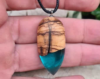 Blue Resin Olive Wood Pendant Necklace, Handmade Jewelry Gift
