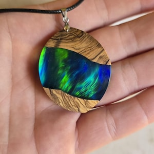 Handmade Olive Wood  Aurora Opal Necklace – Epoxy Resin Cosmic Pendant – Northern Lights & Nebula Inspired Jewelry
