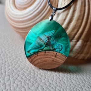 Seashell Pendant: Olive Wood Resin Necklace, Turquoise Ocean Jewelry