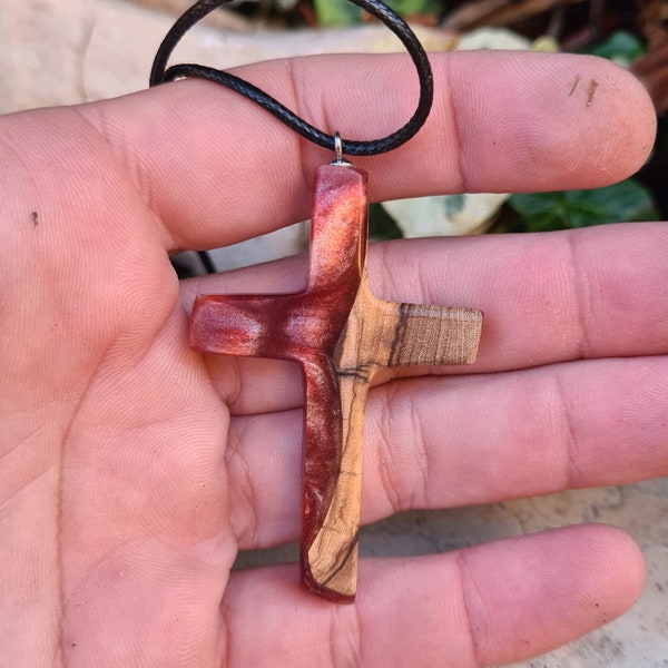 Handmade Wood & Resin cross pendant. Unique Christian cross necklace for women and men. Christmas gift. Religious symbols jewelry.
