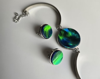 Aurora Borealis Opal Jewelry Set – Stainless Steel Bracelet & Earrings, Celestial Nebula Gift for Her, Cosmic Handmade Jewelry
