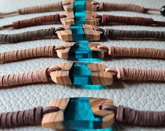 Bracelet en bois fabriqué à la main en bois d'olivier avec résine bleue Cadeau unisexe pour femme et homme