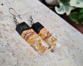 Black Resin with Golden flakes and Olive Wood Earrings for the festive season. Christmas gift ideas. Sophisticated gift for her.
