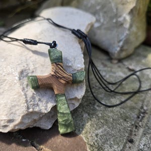 Handmade green Wood & resin cross pendant. Unique Christian cross necklace for women and men. Religious jewelry Cross Pendant