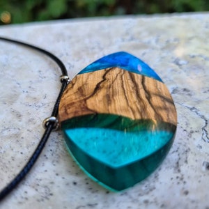 Unique Resin pendant necklace, Blue resin pendant made of olive wood and resin