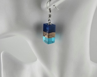 Blue Epoxy Resin & Olive Wood Earrings – Handmade Boho Jewelry, Lightweight Nature-Inspired Gift for Her, Minimalist Wooden Earrings