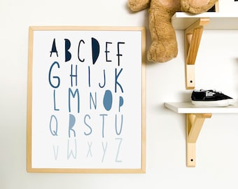 Blue Alphabet Poster, Numbers Poster, ABC, 123, Nursery Alphabet, Wall-art, Blue Nursery Decor, Nursery Print, Kids Room, Trendy Nursery