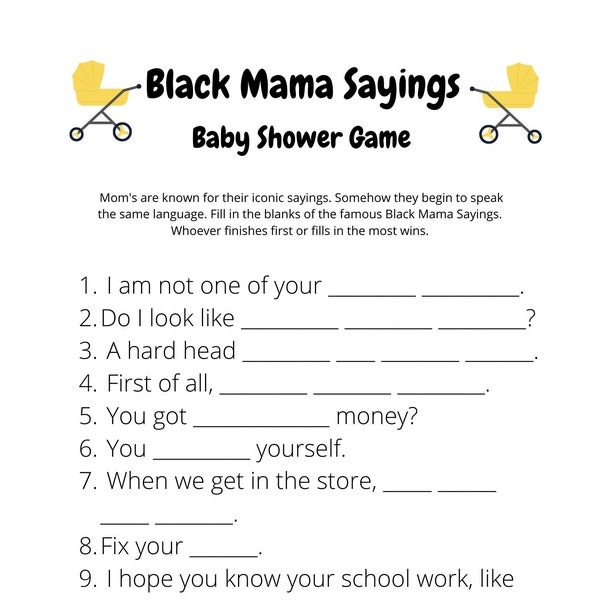 Black Mama Sayings Baby Shower Game "Yellow - Unisex"