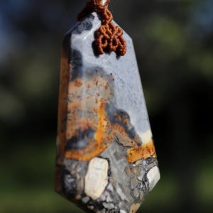 May include: A gray, brown, and white stone pendant with a knotted cord. The stone has a unique, marbled pattern.