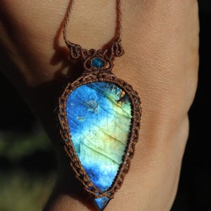 Blue, turquoise and yellow labradorite necklace with apatite beads, micro macrame necklace, simple Bohemian jewelry