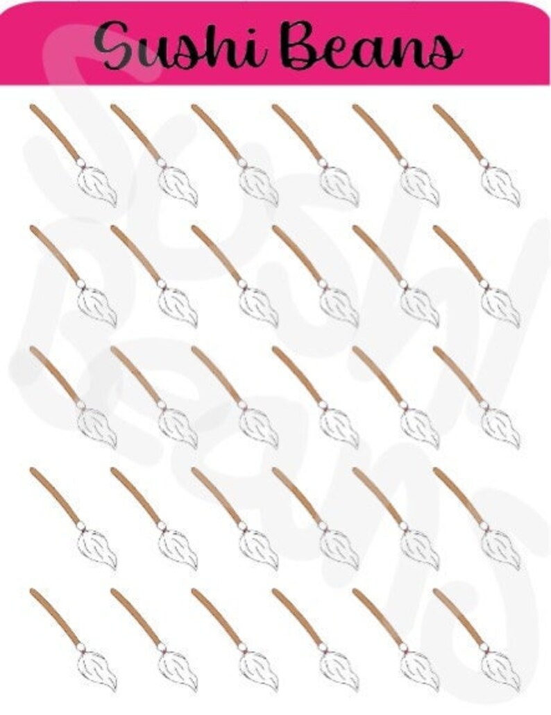 K&ouml;nnte beinhalten: Ein Blatt mit 36 wei&szlig;en und braunen Besenstickern. Die Sticker sind in sechs Reihen mit jeweils sechs St&uuml;ck angeordnet. Oben auf dem Blatt steht der Text "Sushi Beans".
