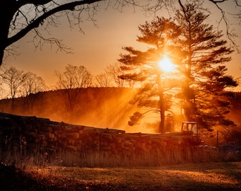 Fine Art Farm Sonnenaufgang im Nebel Druck