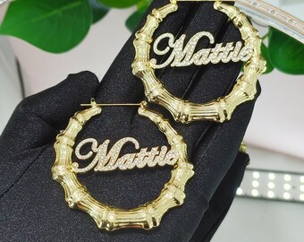 CUSTOM Sparkling Name/Word Hoop Earrings, Personalised Earrings, Bamboo Earrings, Personalized Gift for Her, Hot Popular Women&#39;s Jewelry