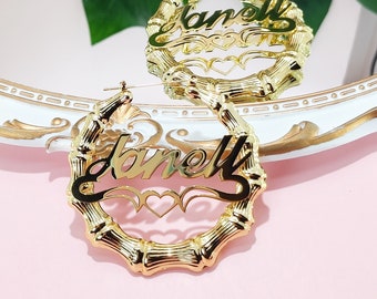 CUSTOM mirror surface shining name hoop earrings,Statement Bamboo name earrings,Large Hoop Earrings,Monogram Jewelry, Fantastic Gift For Her