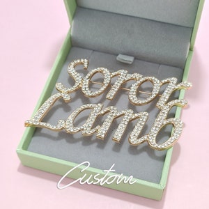 Op de afbeelding: Een gouden broche met de woorden "Soror Lamb" gespeld in strass. De broche zit in een groene fluwelen doos met het woord "Custom" op de bodem.