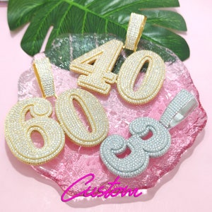 Collar con colgante de números grandes y diamantes de circonita cúbica personalizado, cadena con letras grandes en bloque, joyería de rapero y hip hop, regalo personalizado para él/ella