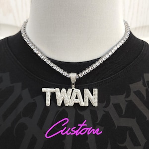 Collar con placa de identificación con letras de burbuja helada, colgante con letras de diamante CZ micro pavimentado, regalo de cumpleaños, regalo de Navidad para niño y niña
