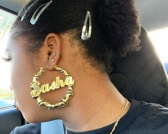 Custom Letters Bamboo Earrings, Nameplate Hoop Earrings, Large Hoop Earrings,Personalized Gift for Her, Women&#39;s Party Jewelry&Accessories