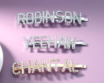 Pinza para el cabello con nombre personalizado, broche con palabra y diamantes de imitación, accesorio de boda para novias