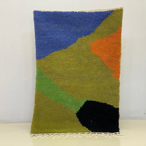 Handmade Berber Wool Rug: Abstract Bohemian Art, Blue Green Orange