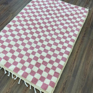 Dusty Rose Moroccan Rug, Handmade Pink and Cream Checkerboard Carpet, Chic Wool Berber Rug, Nursery & Bedroom Decor