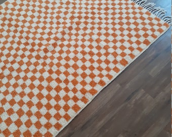 3.5x7.2 ft  Moroccan Berber orange  and white checkered area rug - checkerboard beni ourain runner rug !