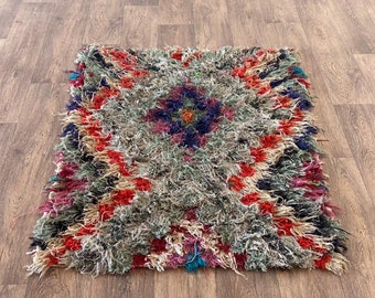 Small Colorful Boucherouite Rug: Vintage Moroccan Recycled Textile Art