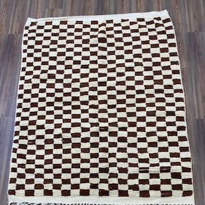 Handmade Moroccan Checkered Rug, Authentic Berber Checkerboard Carpet, Brown and Ivory Geometric Wool Rug, Custom Floor Covering