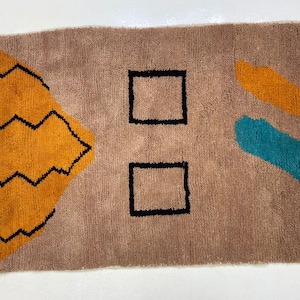 Minimalist Berber Rug | Modern Geometric Abstract Carpet | Hand-Woven Moroccan Wool Rug | Brown and Orange Art Rug