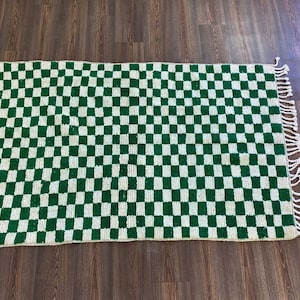 Handmade Moroccan Wool Rug: Forest Green Berber Checkerboard