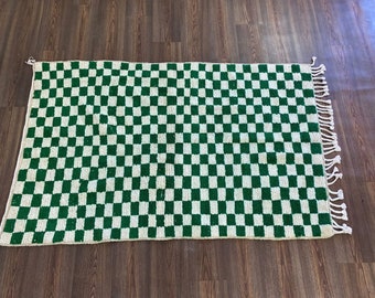 White and green checkered Area Rug, Berber handmade wool rug.