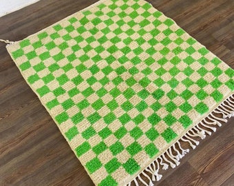 Checkered Moroccan green Rug - New Azilal rug - Berber Moroccan Costum rug - Moroccan Woolen carpet - Moroccan rugs - berber wool rug