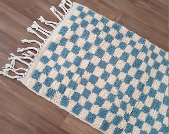Light Blue Moroccan berber checkered Wool Runner Rug - Checkered Rug - Berber Checker Runner Rug 2.6x5.9 FT