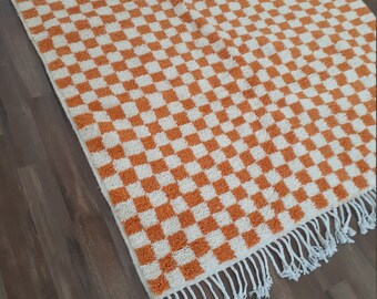 checkered  Orange and white Rug - Wool Hand Woven  Moroccan Beni Ourain Carpet - Soft Shag Artistic Oriental checker moroccan rug! 4x6.7 ft