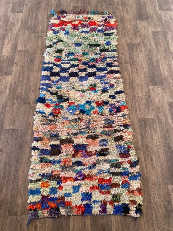 幾何学模様の多色ラグ モロッコ 手織り ランナーラグ 幾何学模様の多